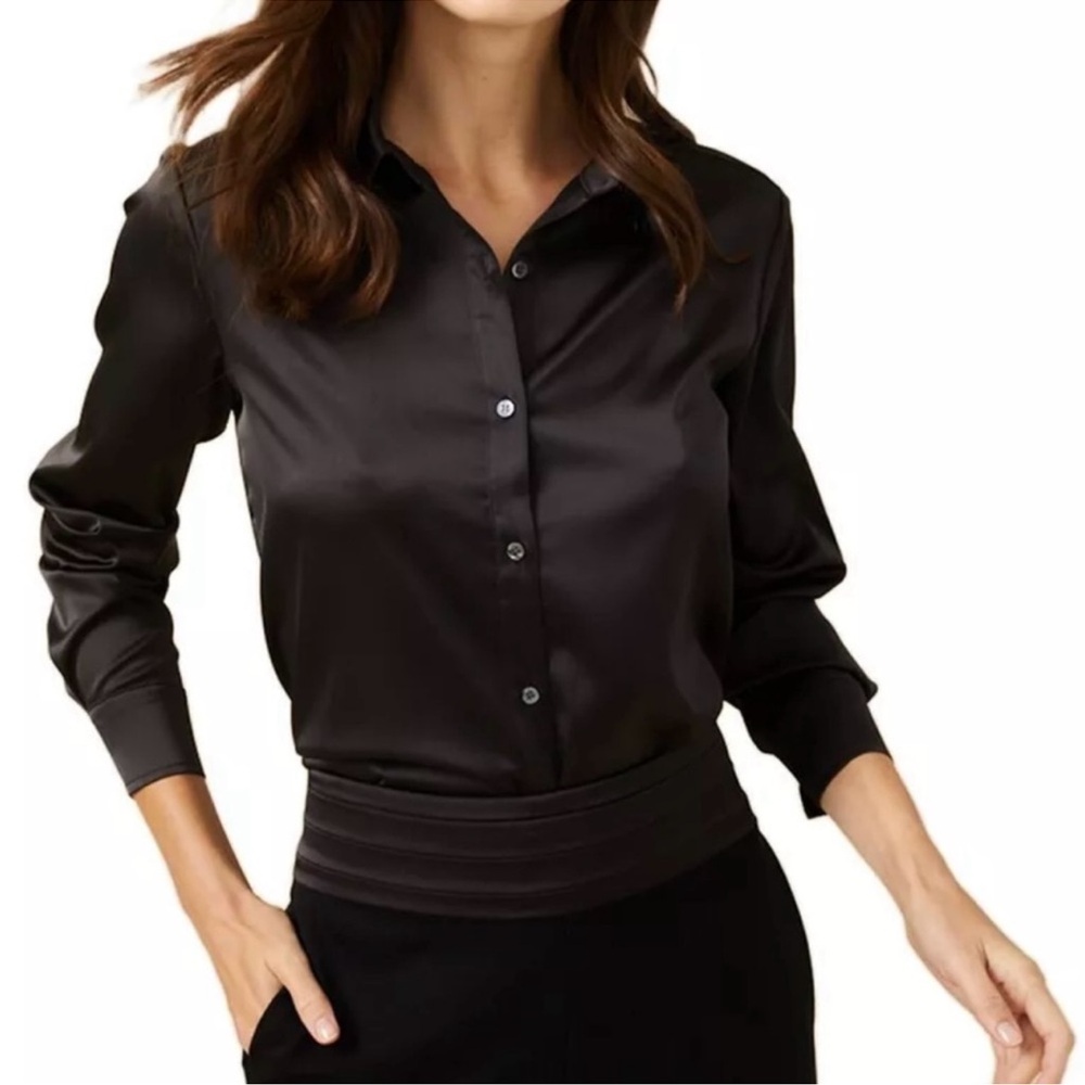 J. McLaughlin Women’s Black Denver Silky Long Sleeve Button Blouse Sz L NWT